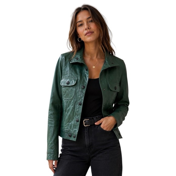 FRAME Atelier Jackets & Blazers - FRAME Atelier Green 100% Lamb Leather Trucker Jacket Snap Front Utility XS